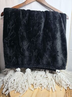Converse Black Plush Throw Blanket with Cream Tassels